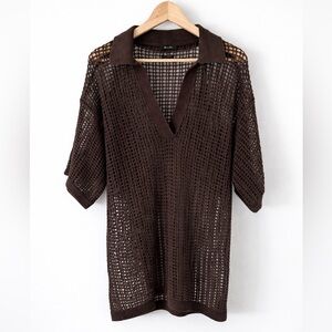 Massimo Dutti Open Knit Sheer Crochet Brown Short Sleeve Sweater Size Medium